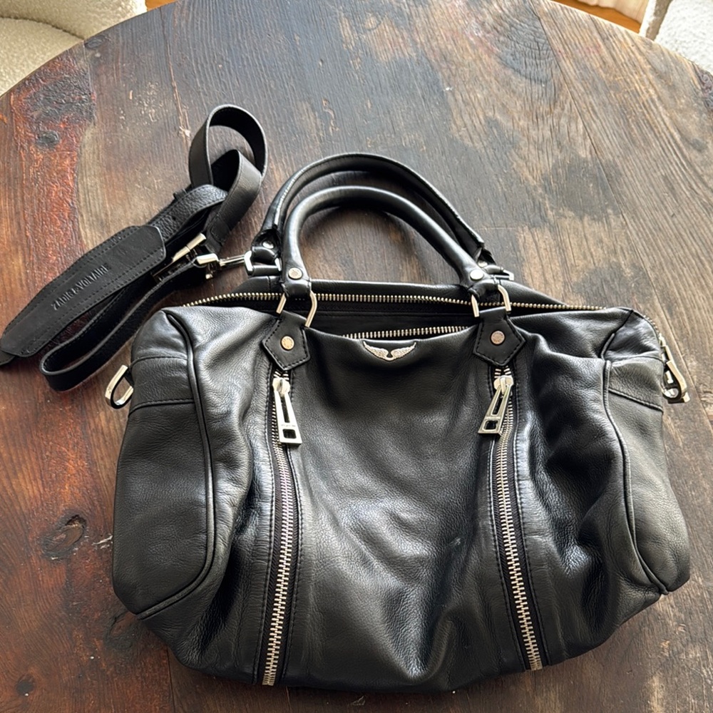 Zadig & Voltaire Black Leather Handbag with Silver Zippers